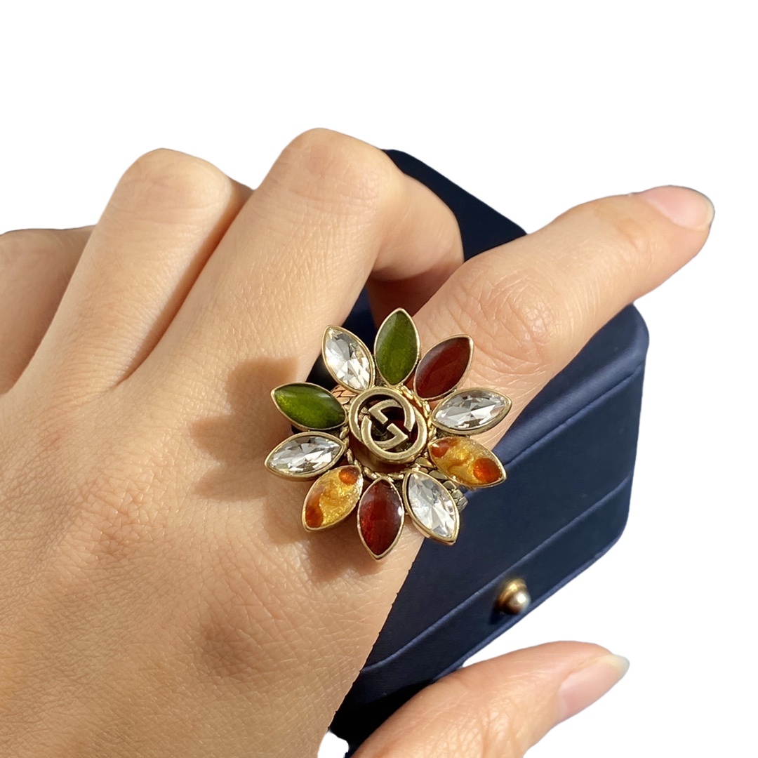 GGR009 Vintage interlocking g colorful flower ring - ccjewelryacc