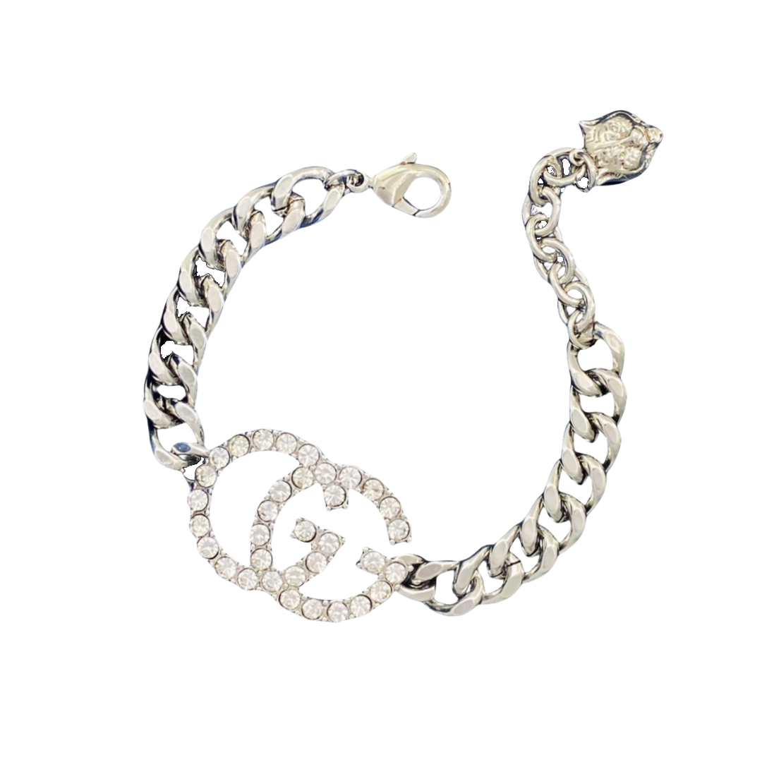 GGS011 Silver Crystal GG Logo Link chain bracelet - ccjewelryacc