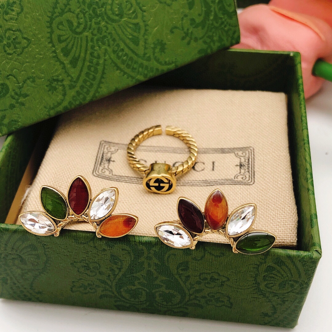 GGR009 Vintage interlocking g colorful flower ring - ccjewelryacc