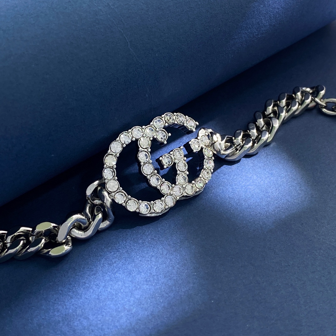GGS011 Silver Crystal GG Logo Link chain bracelet - ccjewelryacc