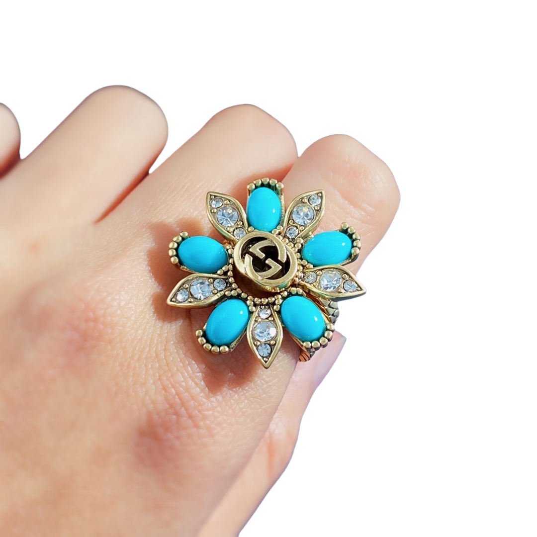 GGR007 Interlocking G and gemstone stacked flower ring - ccjewelryacc