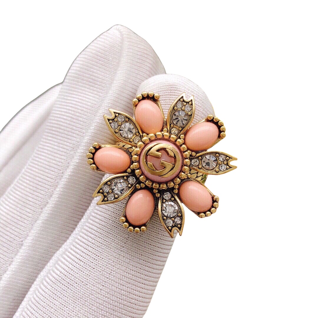 GGR007 Interlocking G and gemstone stacked flower ring - ccjewelryacc