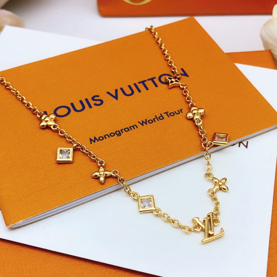 LVN003 Louis Metal Crystal LV In The Sky Necklace Gold - ccjewelryacc