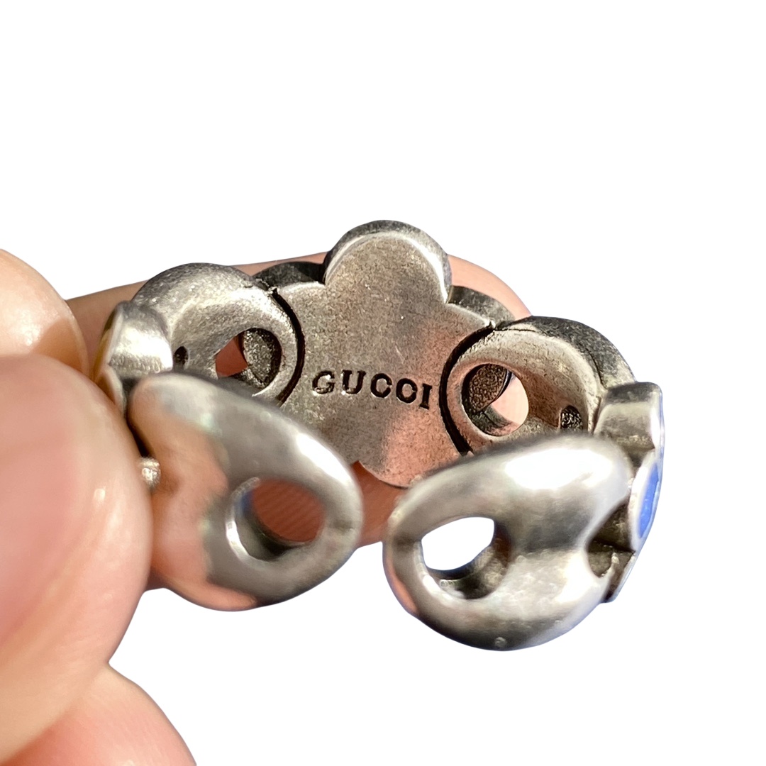 GGR011 Interlocking g green enamel flower silver ring - ccjewelryacc