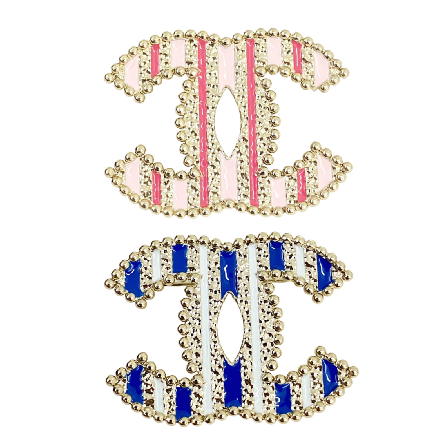 BCB357 Blue and pink stripe enamel CC logo brooch and earrings - ccfashionjewelry