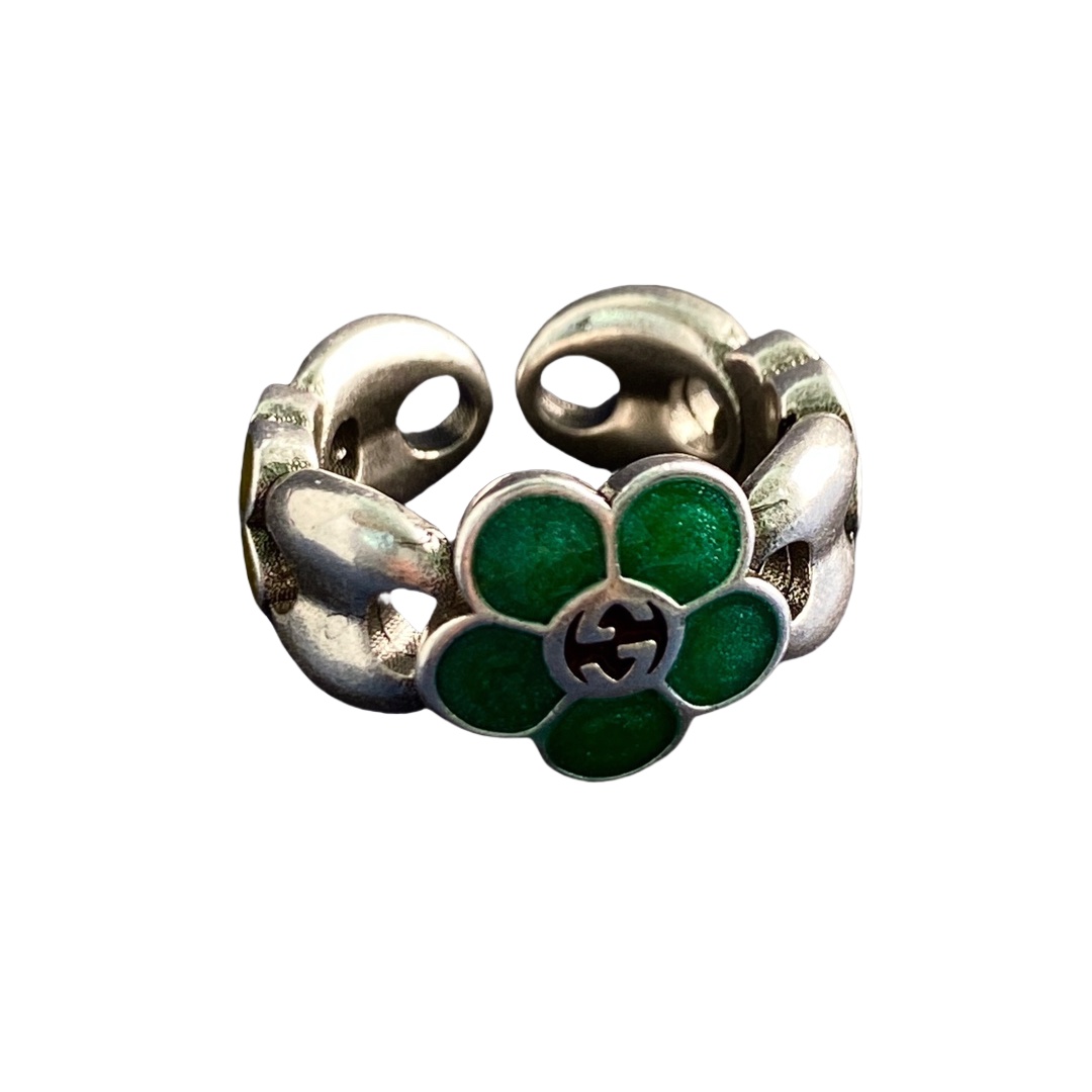GGR011 Interlocking g green enamel flower silver ring - ccfashionjewelry