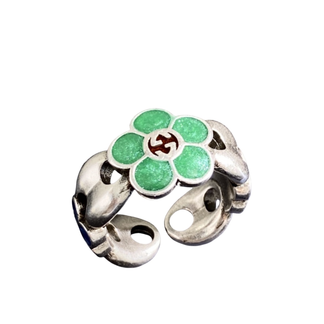 GGR011 Interlocking g green enamel flower silver ring - ccfashionjewelry