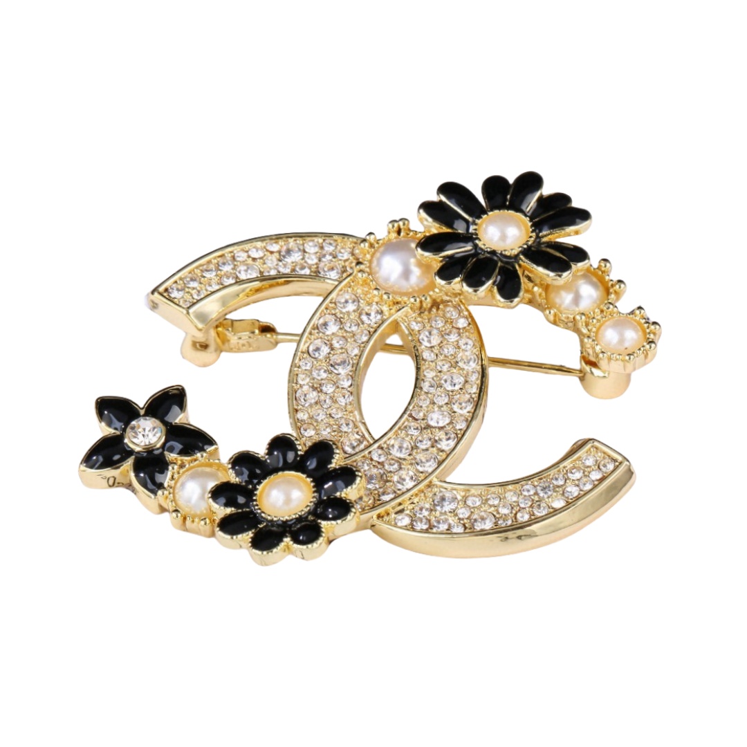 BCB116 Full crystal CC Logo brooch pin with flower - ccfashionjewelry