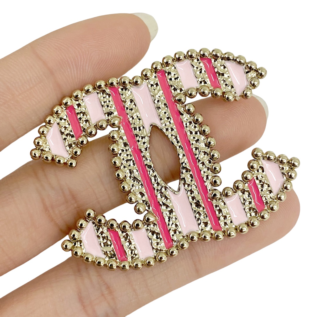BCB357 Blue and pink stripe enamel CC logo brooch and earrings - ccjewelryacc