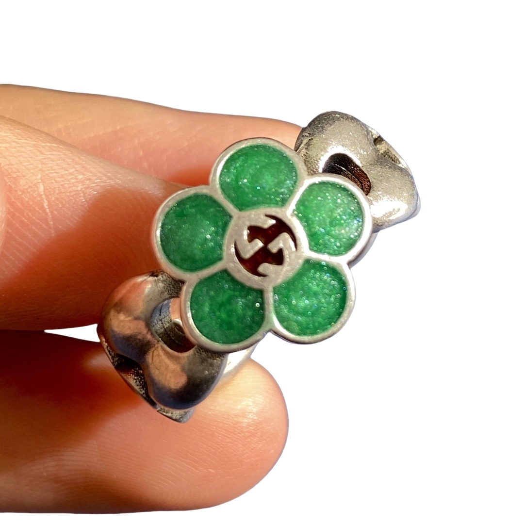 GGR011 Interlocking g green enamel flower silver ring - ccjewelryacc