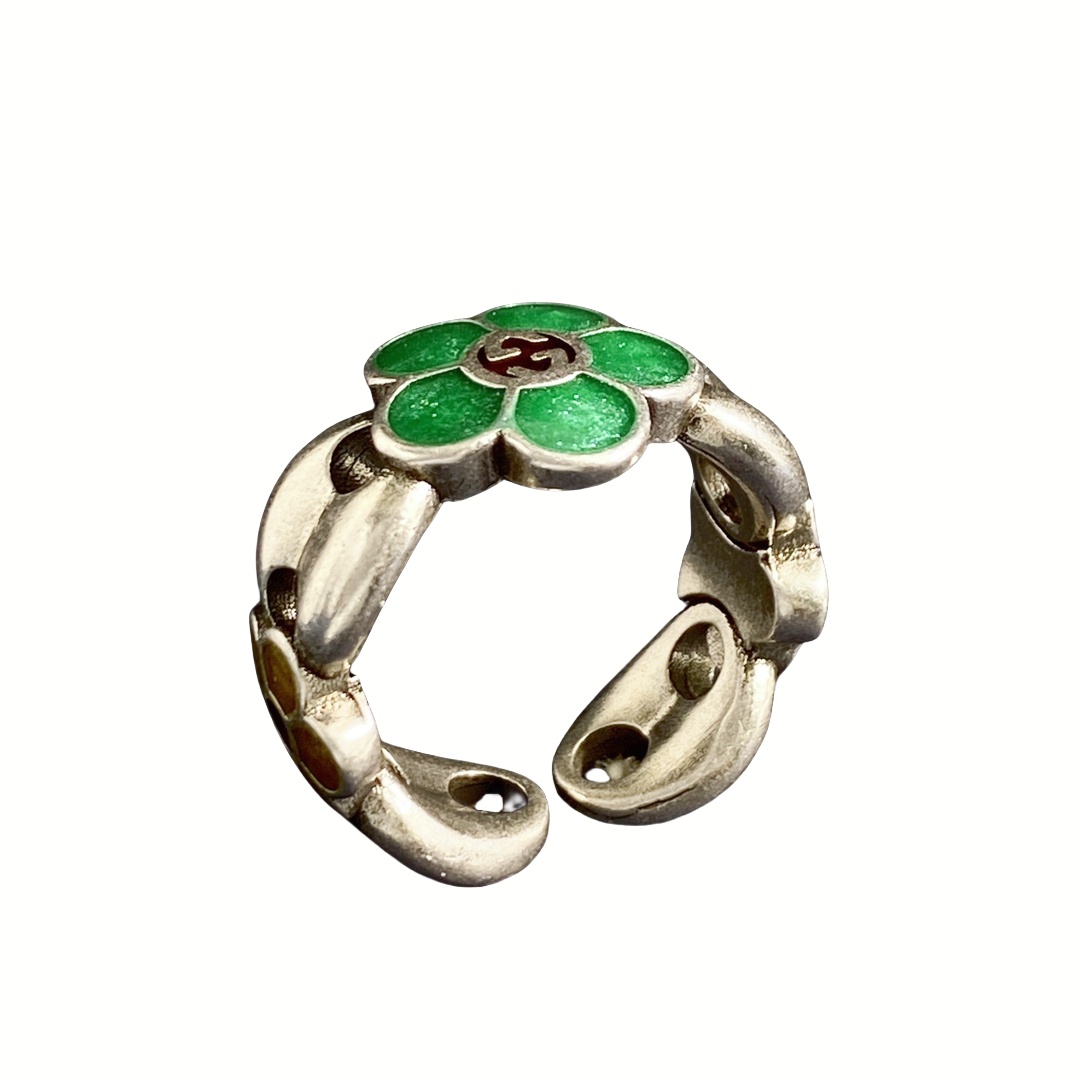 GGR011 Interlocking g green enamel flower silver ring - ccjewelryacc
