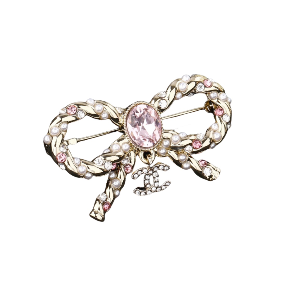 BCB373 Crystal twist bow with cc logo brooch - ccjewelryacc