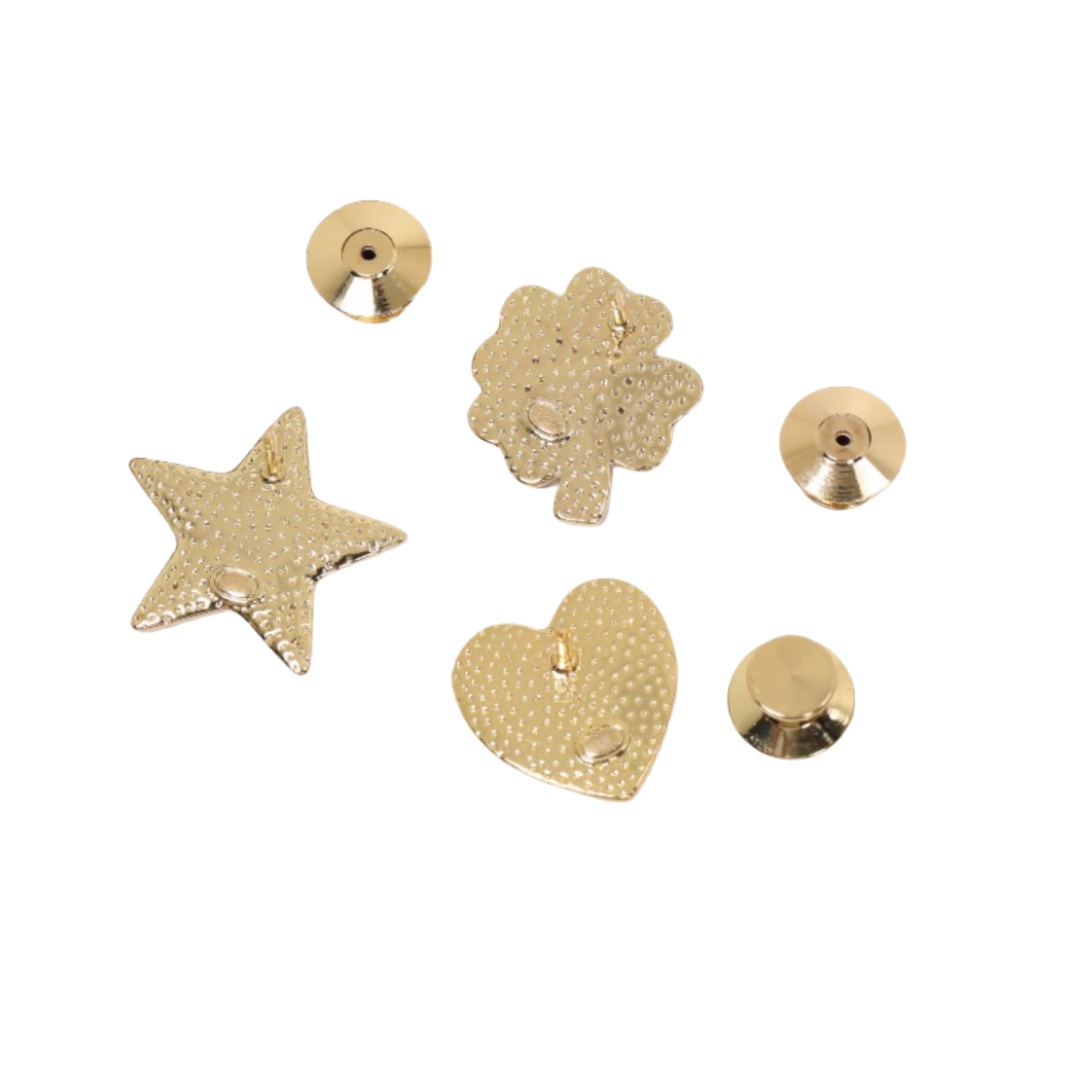 BCB303 24 Gold Lava texture Heart star Four Leaf Clove CC brooch pin set of 3 - ccjewelryacc