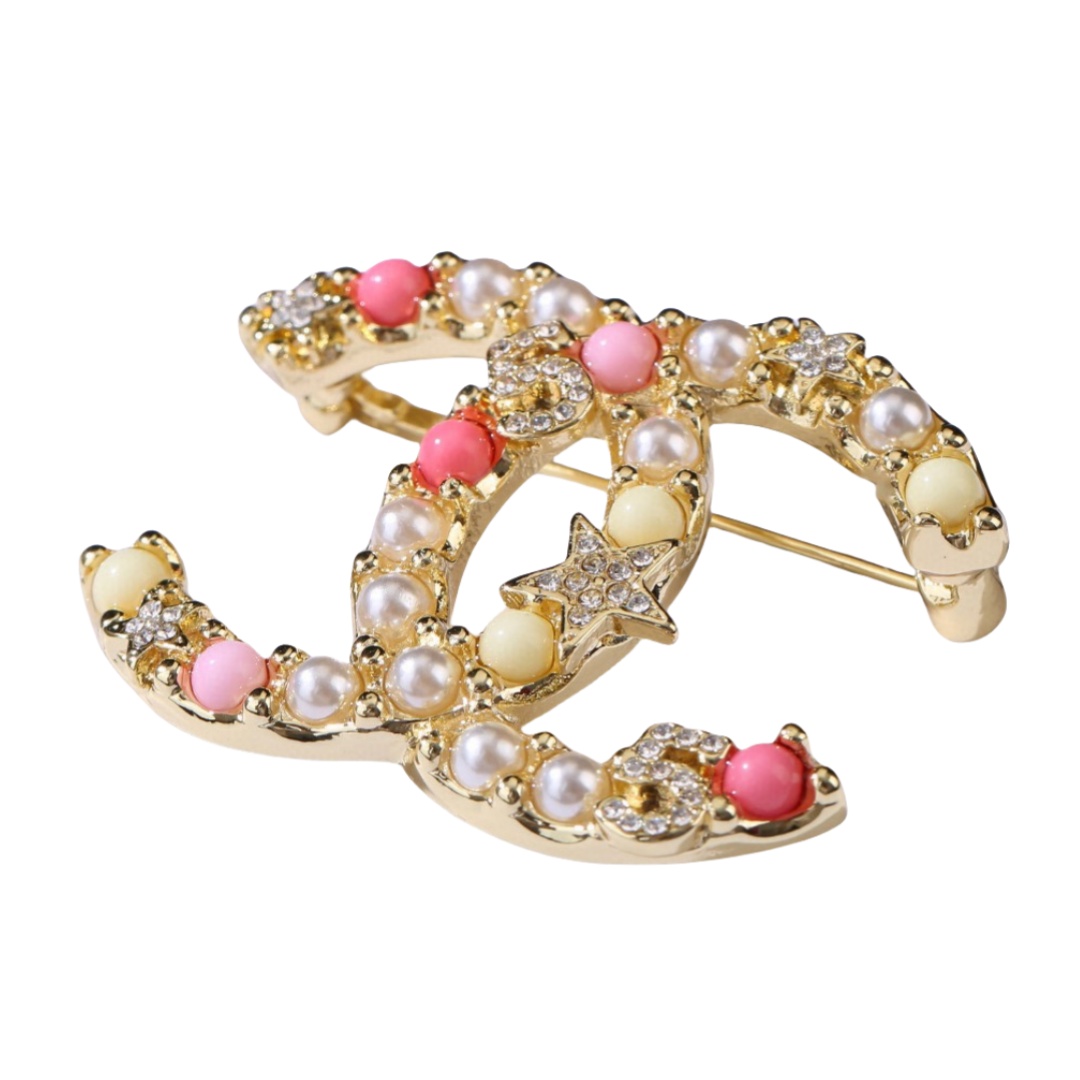 BCB379 Crystal star No 5 pink and white pearl cc logo brooch pin - ccfashionjewelry