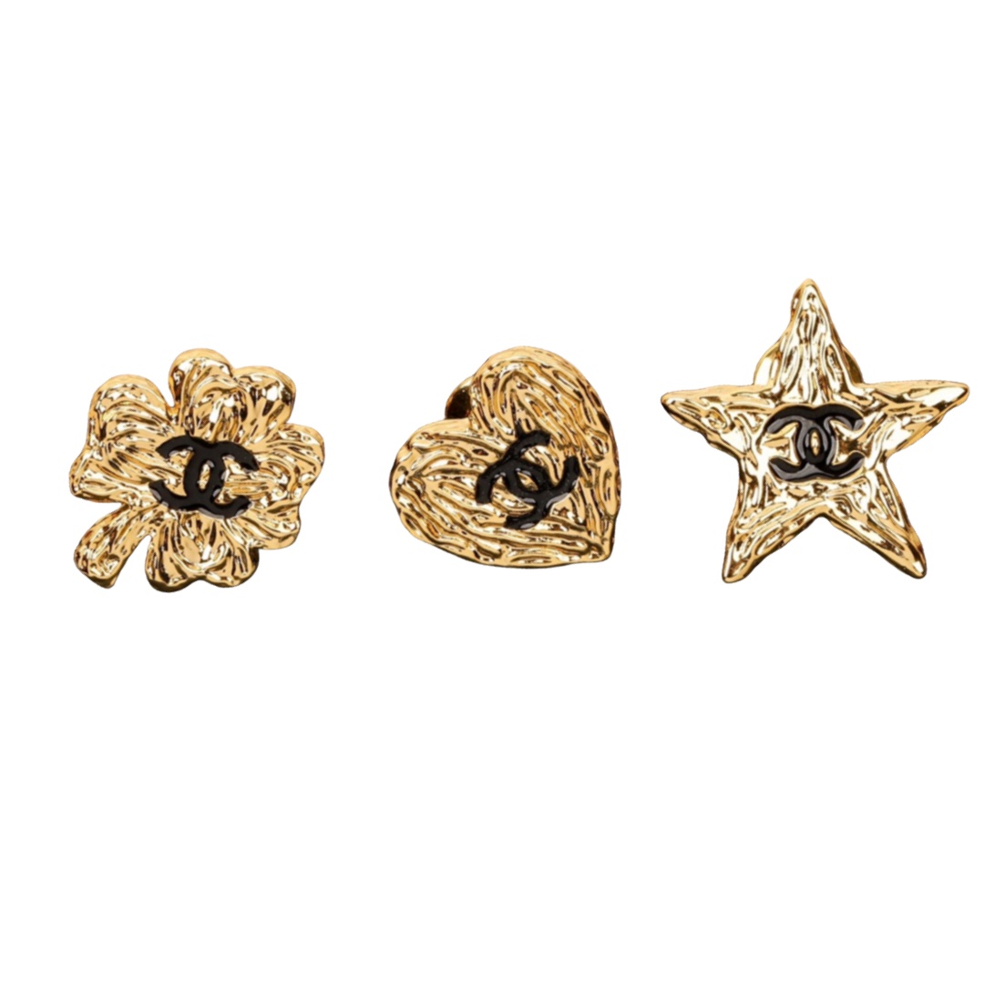 BCB303 24 Gold Lava texture Heart star Four Leaf Clove CC brooch pin set of 3 - ccfashionjewelry