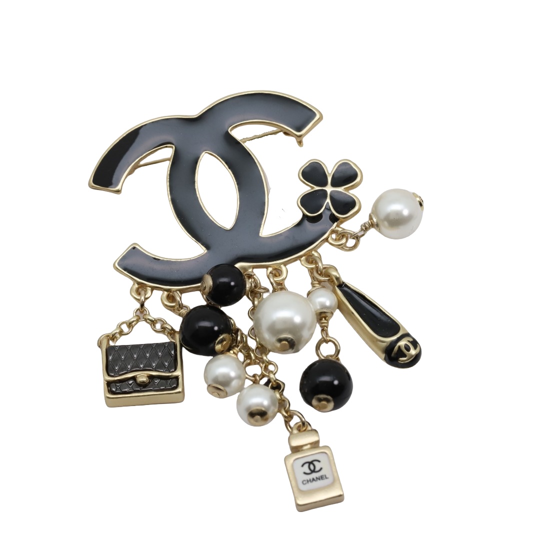 BCB334 Black enamel CC Logo with perfume bottle bag pearls charm Brooch pin - ccjewelryacc