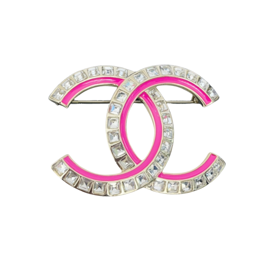 BCB114 Crystal and Pink/black enamel CC logo brooch - ccjewelryacc