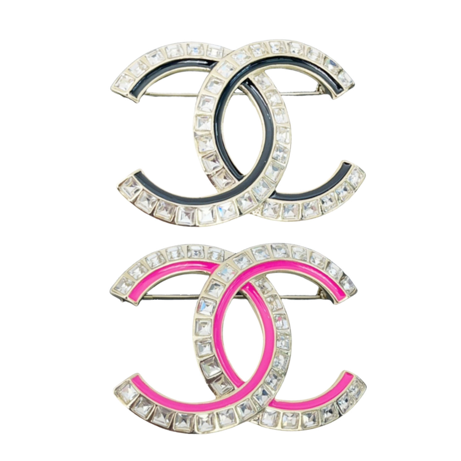 BCB114 Crystal and Pink/black enamel CC logo brooch - ccjewelryacc