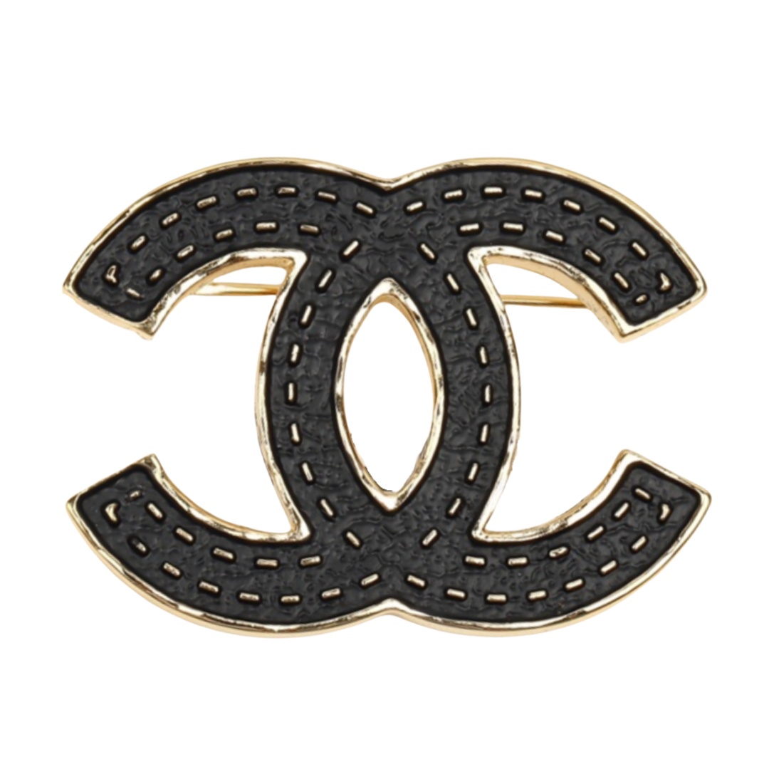 BCB435 23S Black Fake leather texture cc logo Brooch pin - ccfashionjewelry
