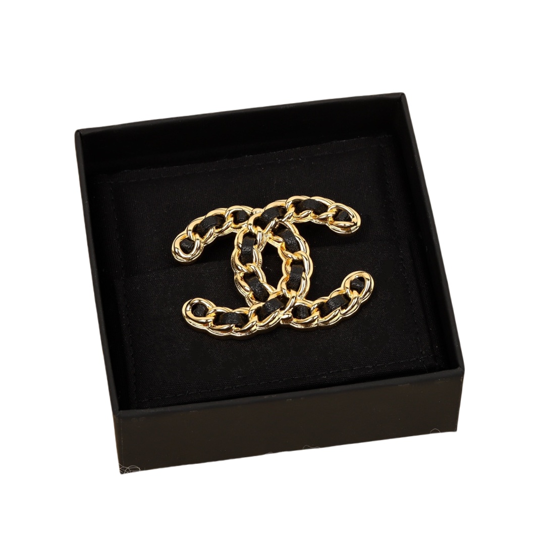 BCB463 Metal and leather cc logo brooch pin - ccjewelryacc