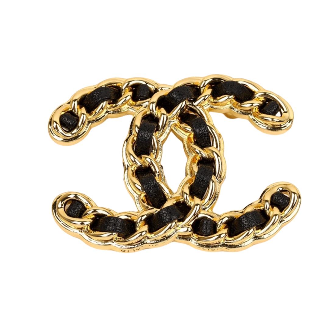BCB463 Metal and leather cc logo brooch pin - ccjewelryacc