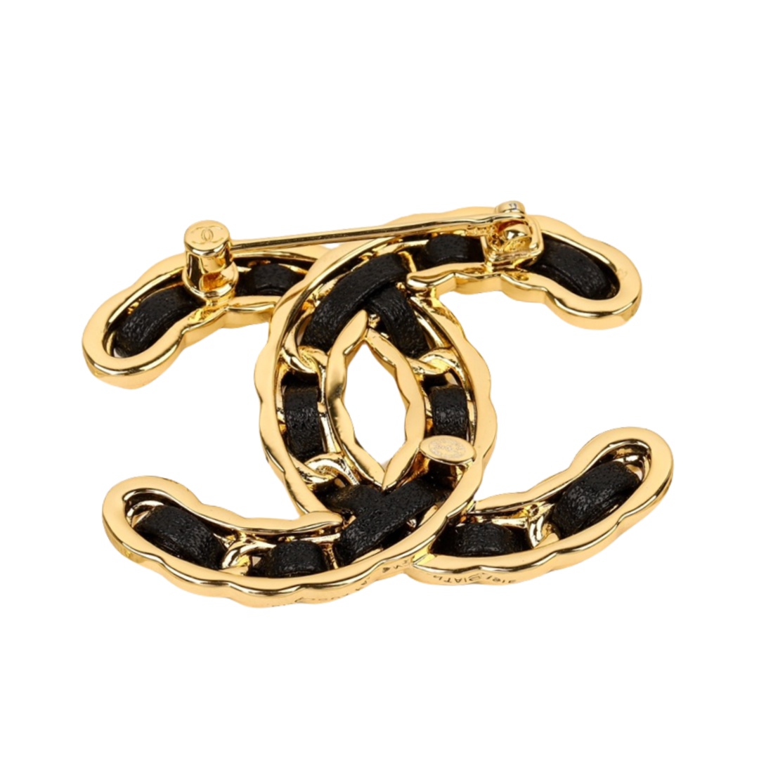 BCB463 Metal and leather cc logo brooch pin - ccjewelryacc