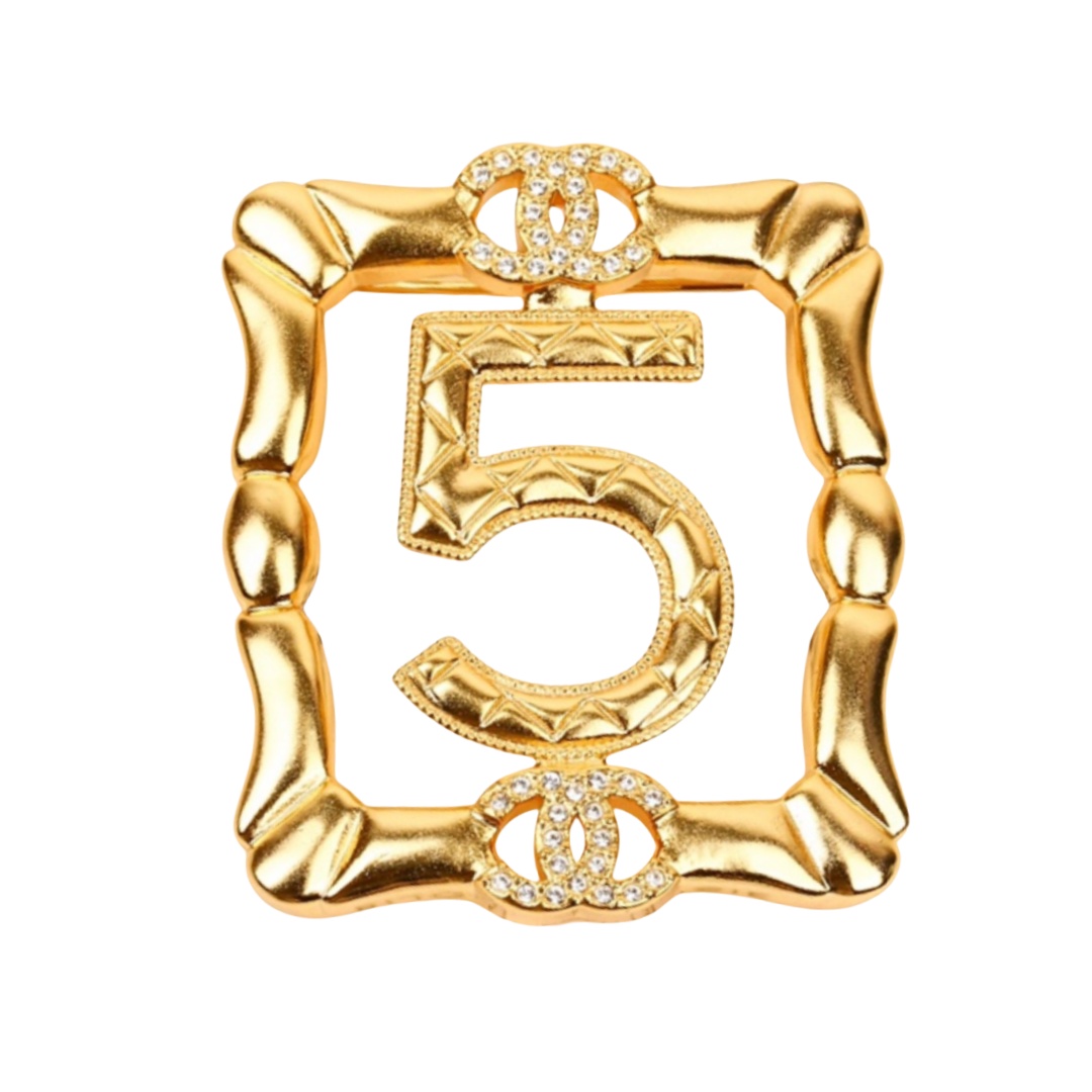 BCB444 Square hollow-out Gold Number 5 Brooch pin - ccjewelryacc