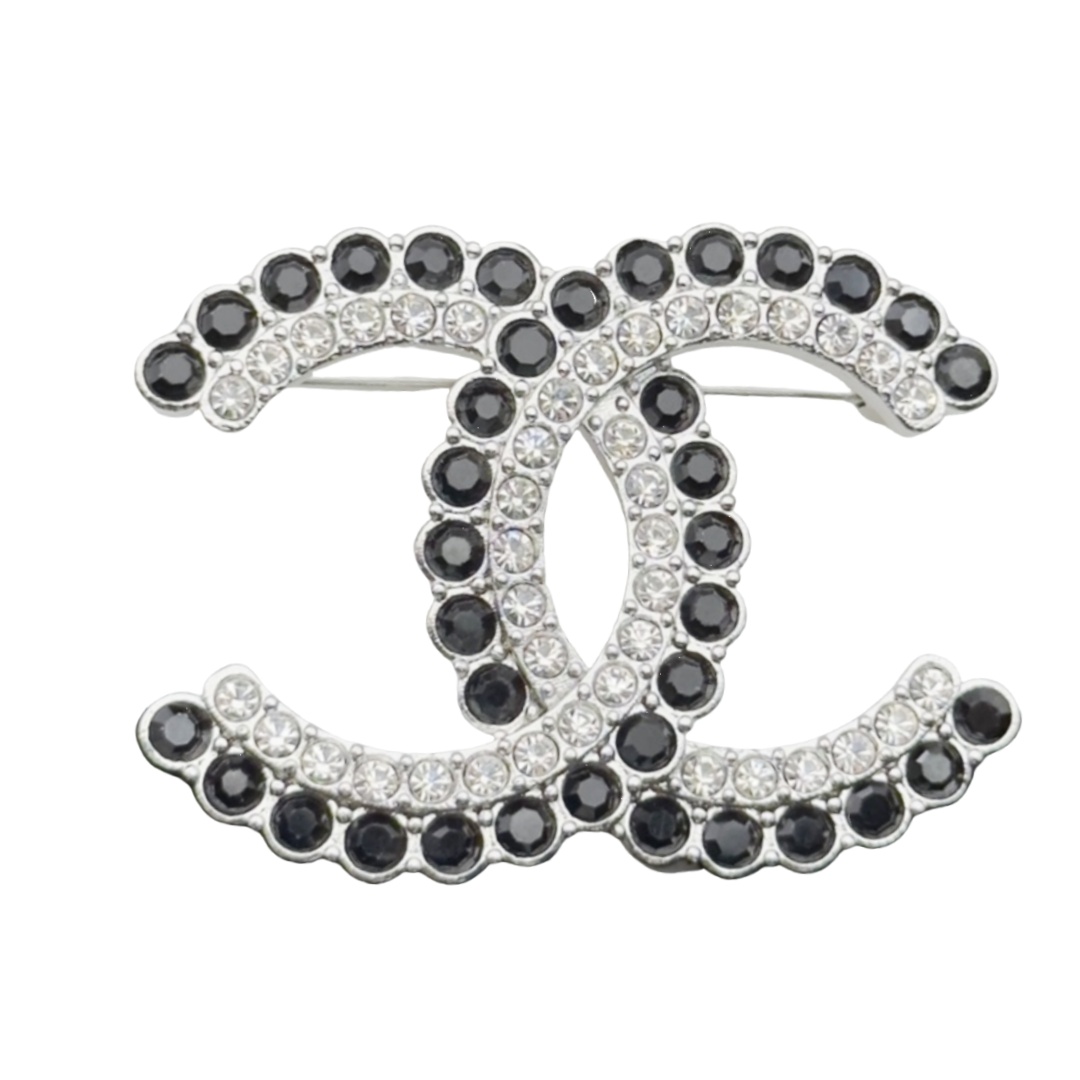 BCB225 Black and white crystal CC logo brooch pin - ccjewelryacc