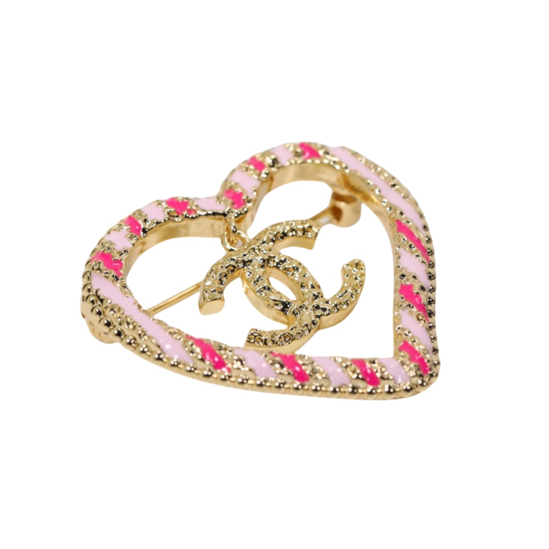 BCB320 Pink striped hollow-out heart double C pendant brooch - ccjewelryacc
