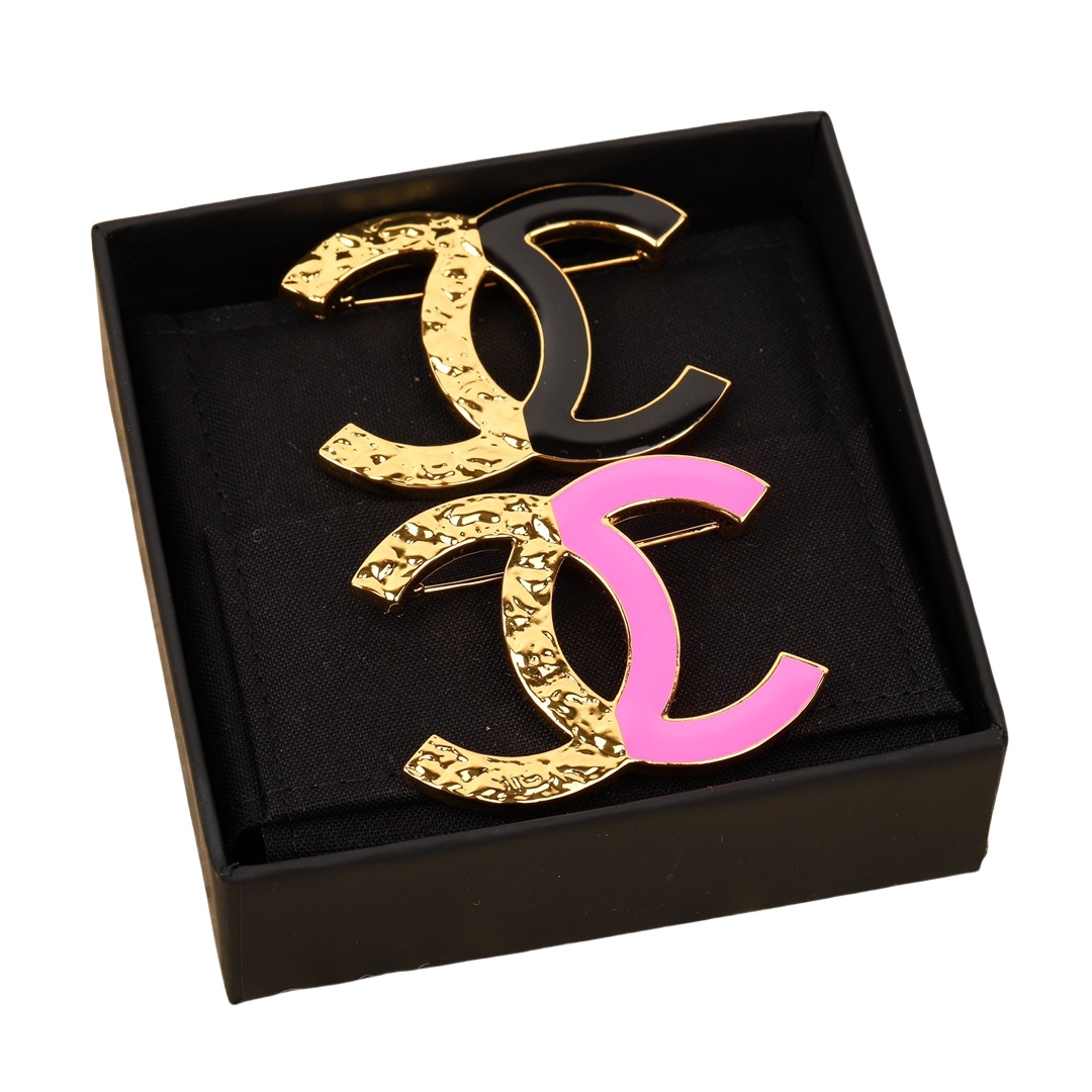 BCB200 24C Gold embossment and Pink/Black enamel Dual color CC Logo brooch pin - ccjewelryacc
