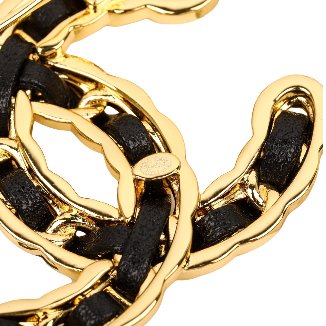 BCB463 Metal and leather cc logo brooch pin - ccjewelryacc