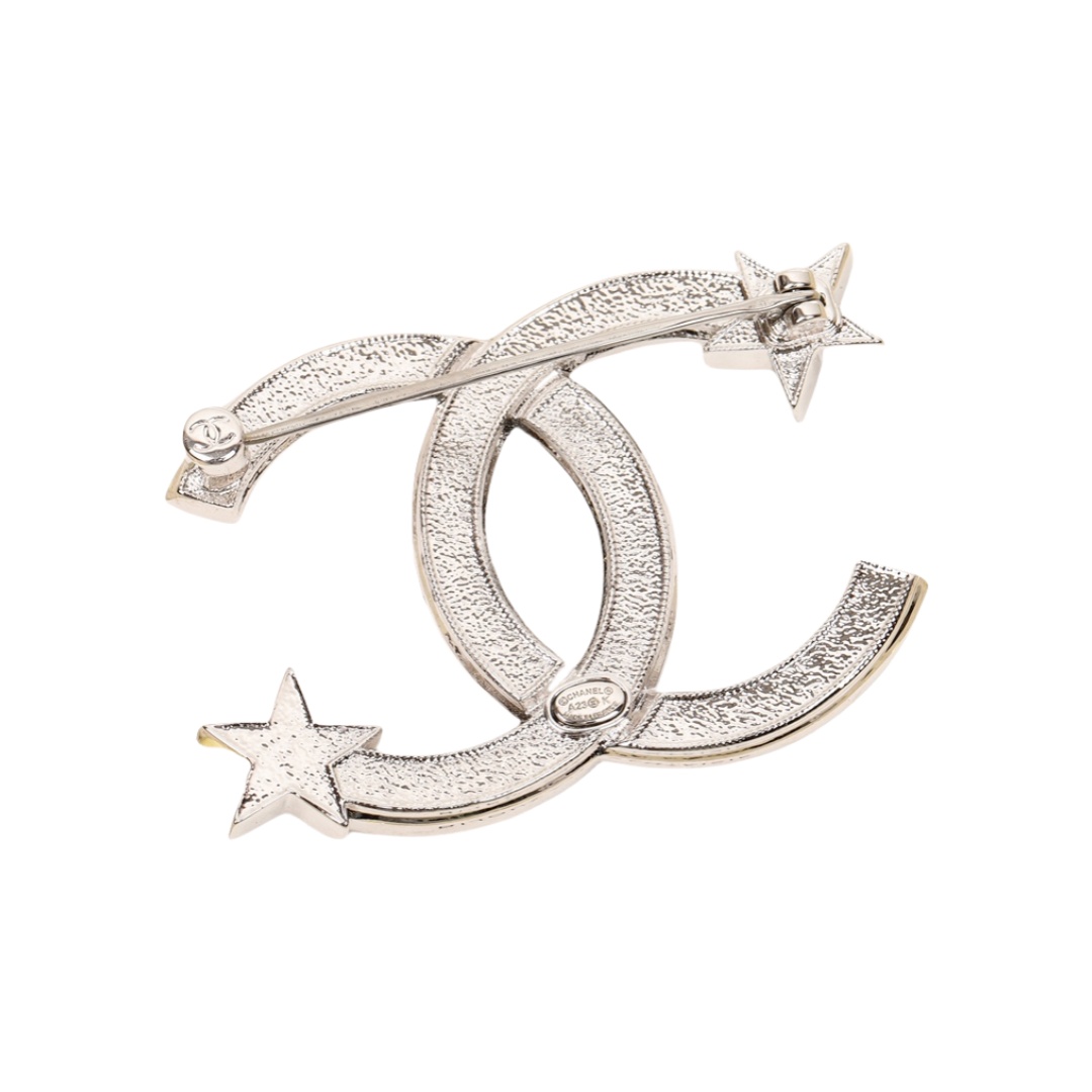 BCB321 23K Black enamel and white Swarovski crystal with star CC logo brooch pin - ccjewelryacc
