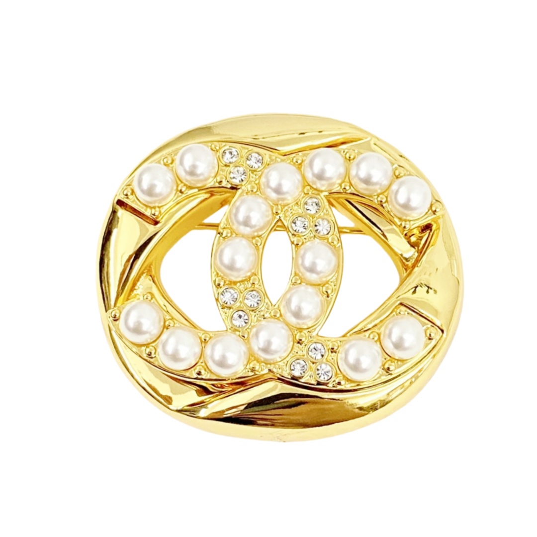 BCB315 24A Hollow-out pearl square cc logo brooch pin - ccfashionjewelry