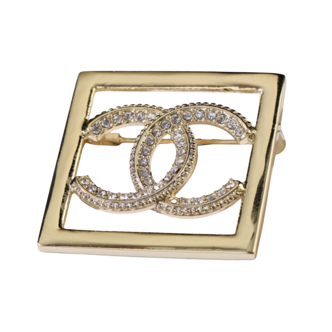 BCB339 Metal Square hollow-out with crystal CC logo brooch pin - ccfashionjewelry