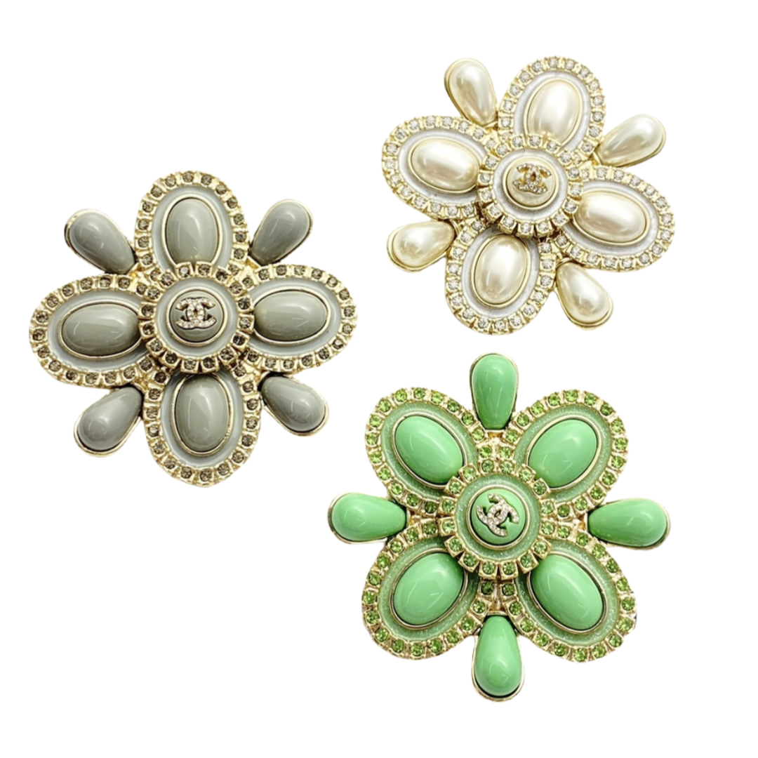 BCB465 24A Vintage Green/Gray/White cross flower cc brooch pin - ccfashionjewelry