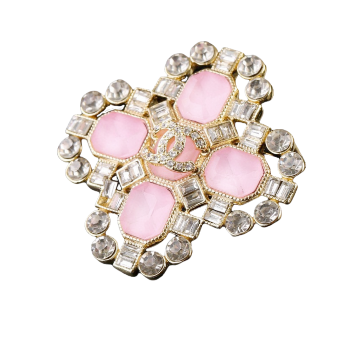 BCB161 Pink crystal cross with CC logo brooch pin - ccjewelryacc