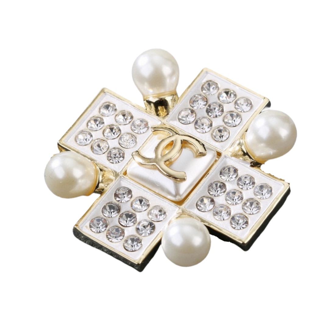 BCB337 Crystal and pearl cross with CC logo brooch pin - ccjewelryacc