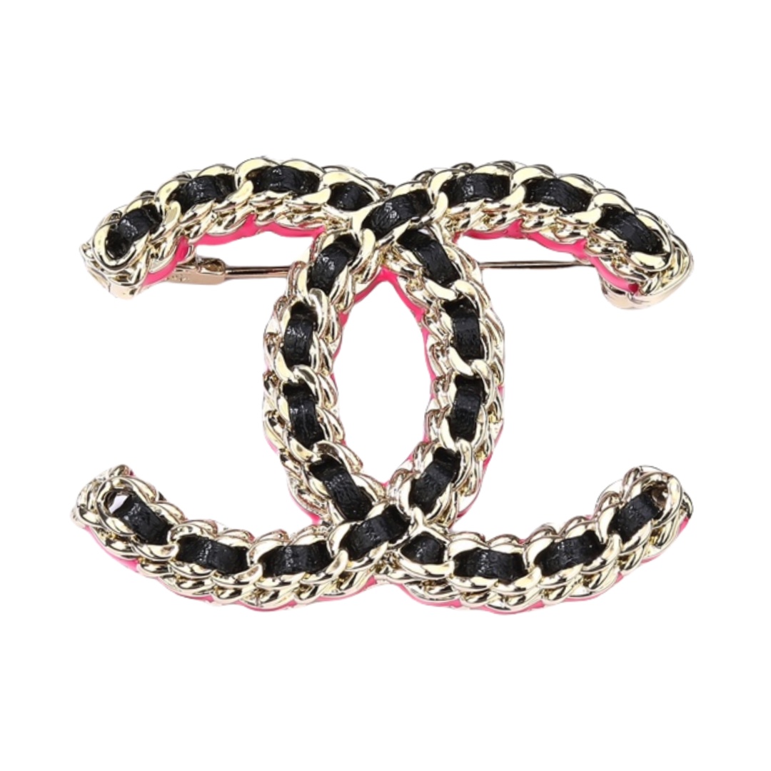 BCB326 Metal leather with pink border CC logo brooch pin - ccfashionjewelry