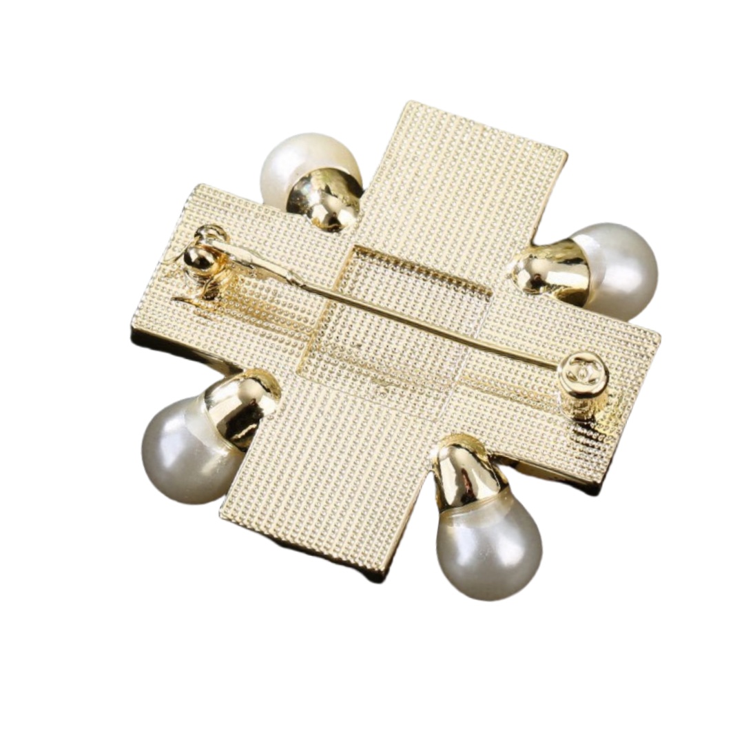 BCB337 Crystal and pearl cross with CC logo brooch pin - ccjewelryacc