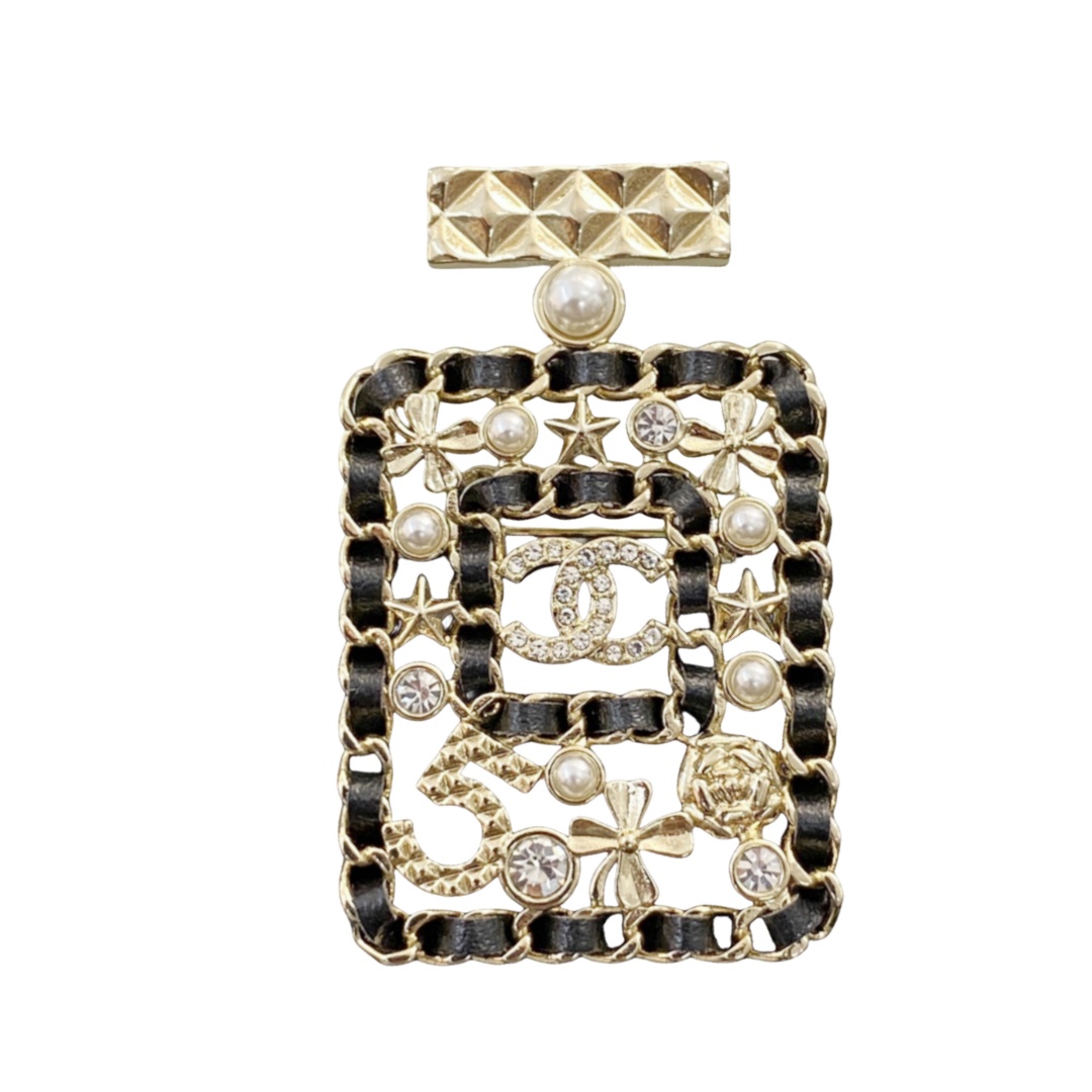 BCB238 Metal leather Four Leaf Clover star No 5 perfume bottle with CC logo brooch pin - ccfashionjewelry