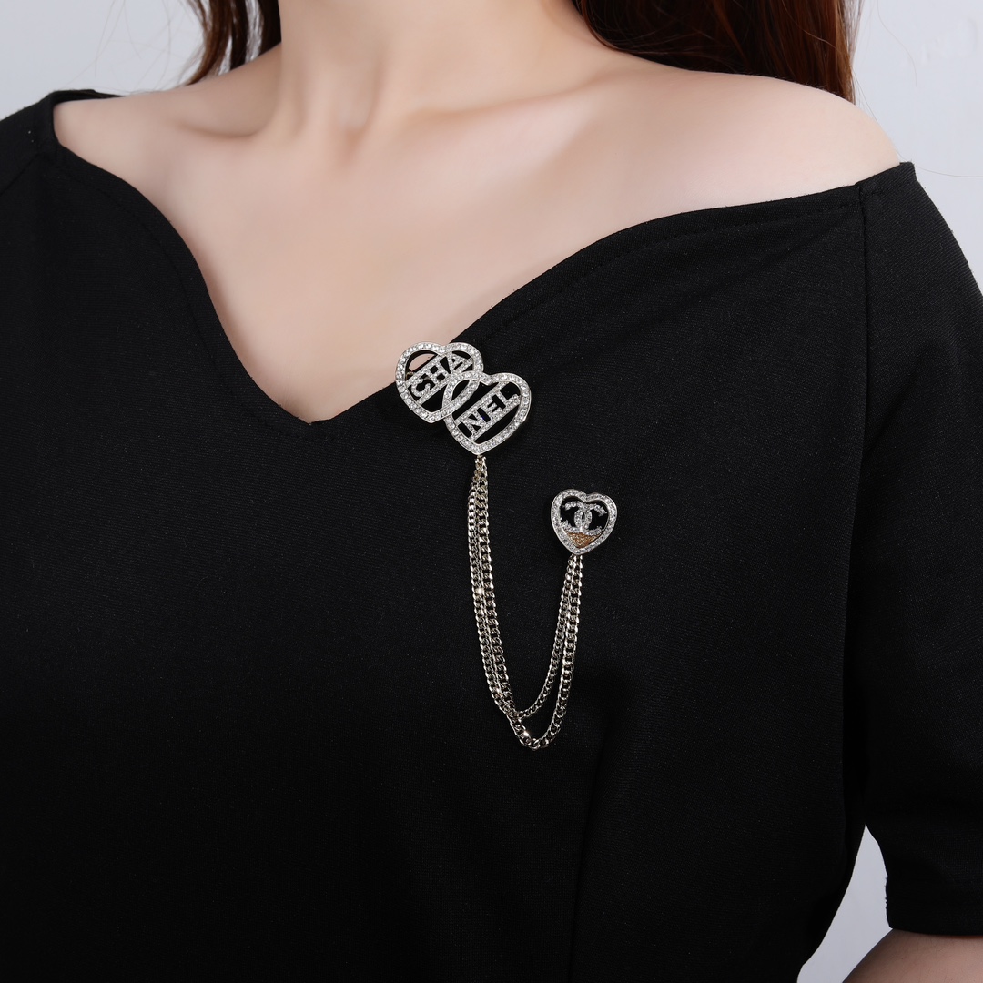 BCB013 CC double Heart brooch pin with chain - ccjewelryacc