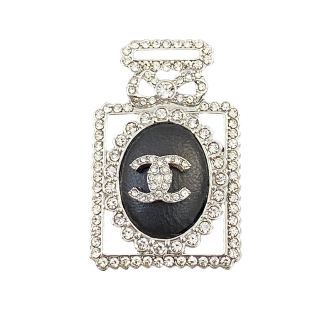 BCB183 22A crystal and black leather perfume bottl with CC logo brooch pin - ccjewelryacc