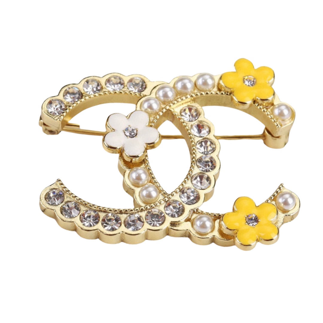 BCB146 Crystal and pearl with flower CC logo brooch pin - ccjewelryacc