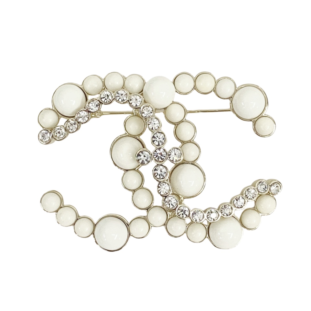BCB227 MILK-White beads and crystal CC Logo brooch Pin - ccfashionjewelry