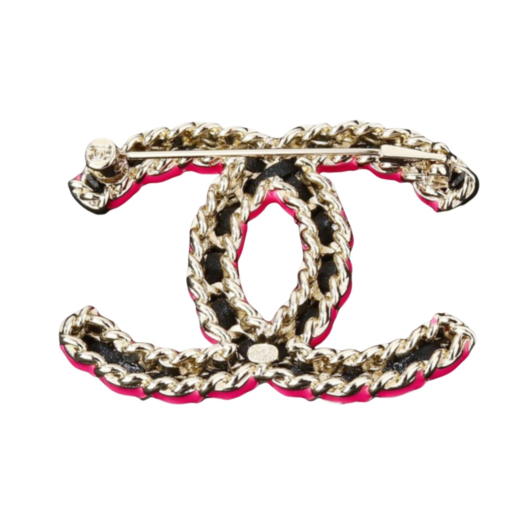 BCB326 Metal leather with pink border CC logo brooch pin - ccfashionjewelry