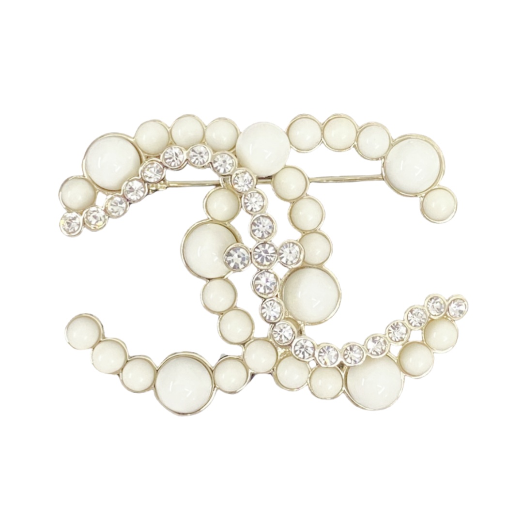 BCB227 MILK-White beads and crystal CC Logo brooch Pin - ccfashionjewelry