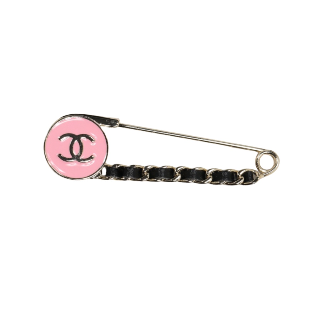 BCB410 Pink enamel with leather safety pin brooch - ccjewelryacc