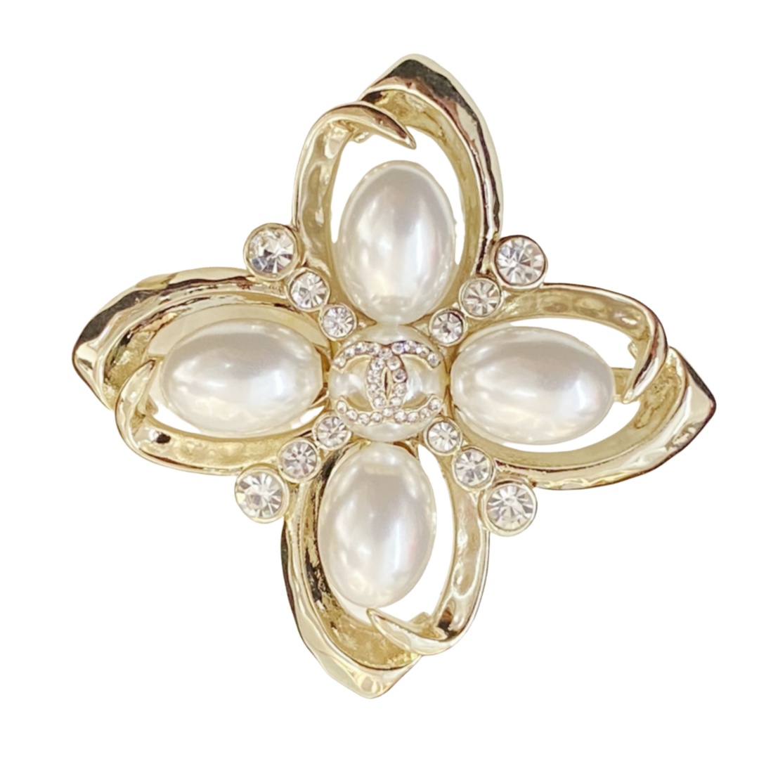 BCB422 23 Pearl crystal Four-leaf flower brooch pin - ccfashionjewelry