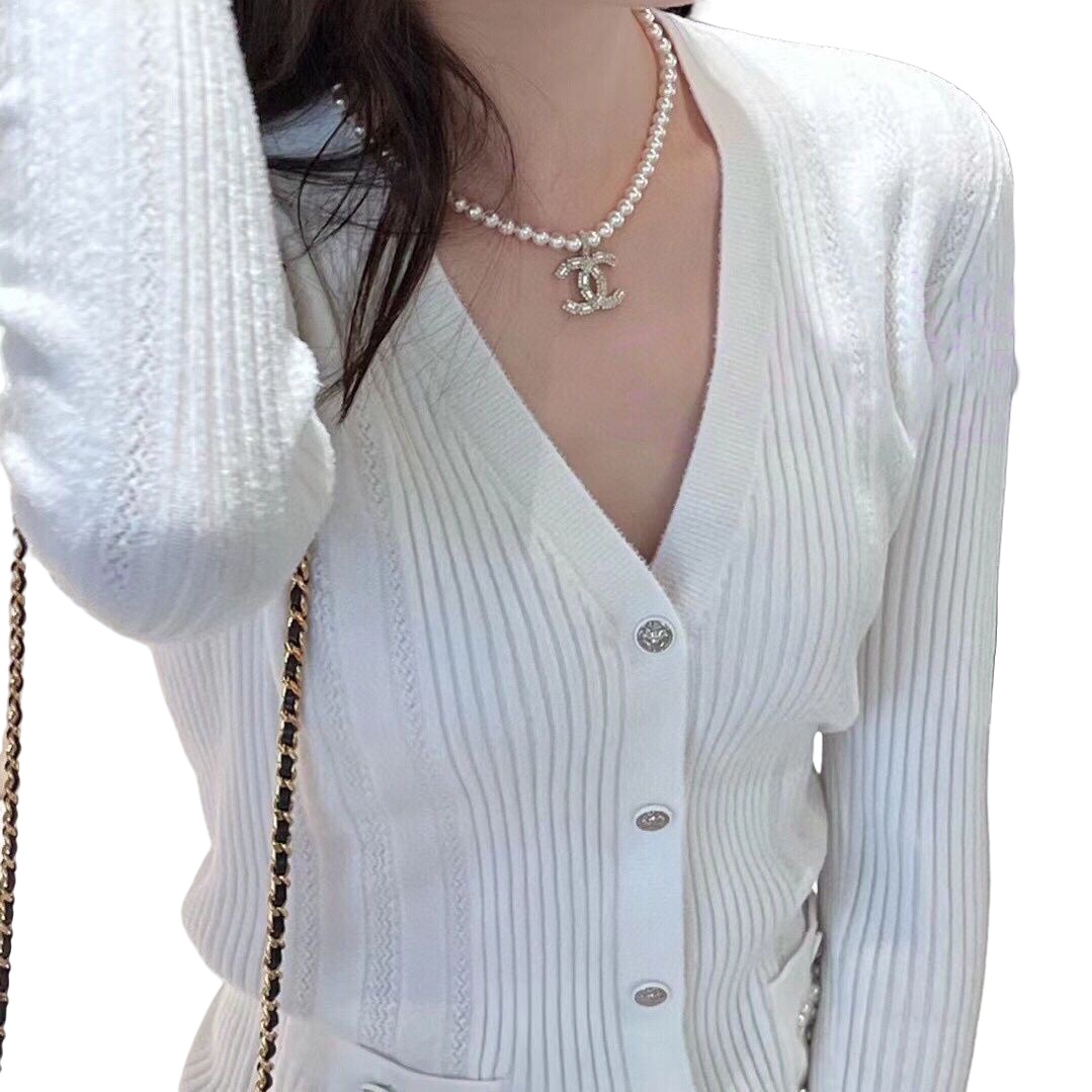 CCN014 100th anniversary pearl crystal CC LOGO necklace - ccjewelryacc