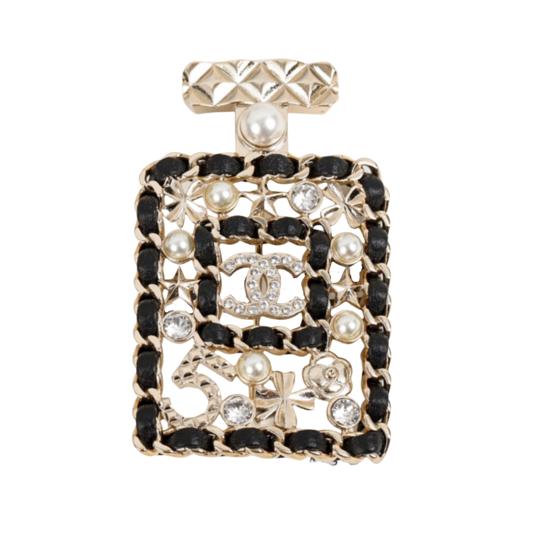 BCB238 Metal leather Four Leaf Clover star No 5 perfume bottle with CC logo brooch pin - ccfashionjewelry